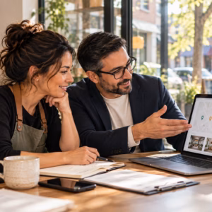 Canadian business owner reviewing local SEO and Google Business Profile with FIA