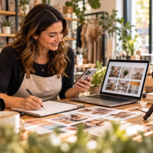 Canadian small business owner reviewing Social Essentials social media content with a creative professional