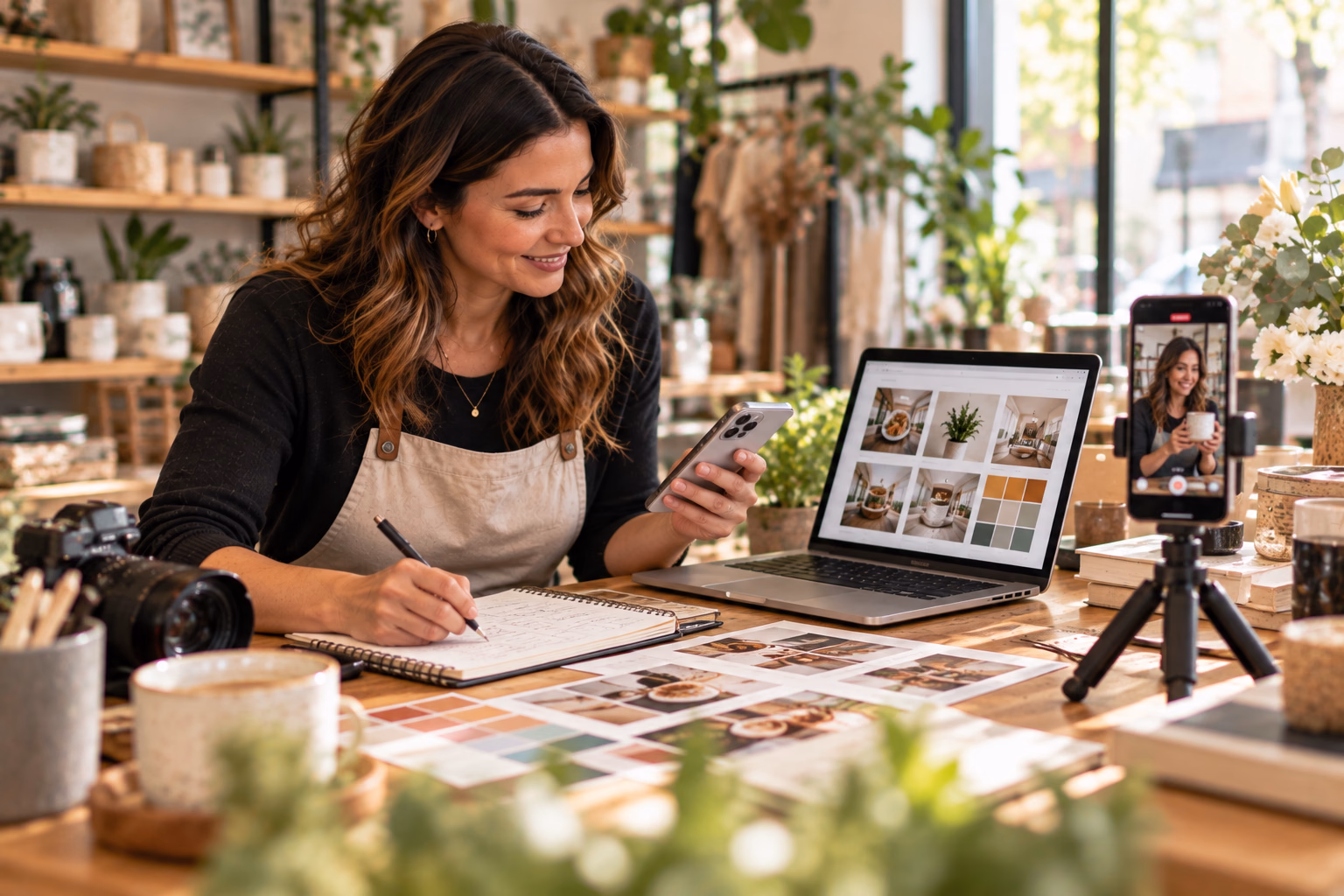 Canadian small business owner reviewing Social Essentials social media content with a creative professional