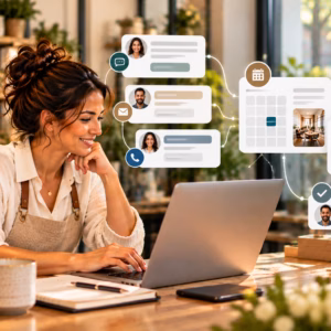 Canadian small business owner reviewing an AI website chatbot and lead automation with a digital consultant