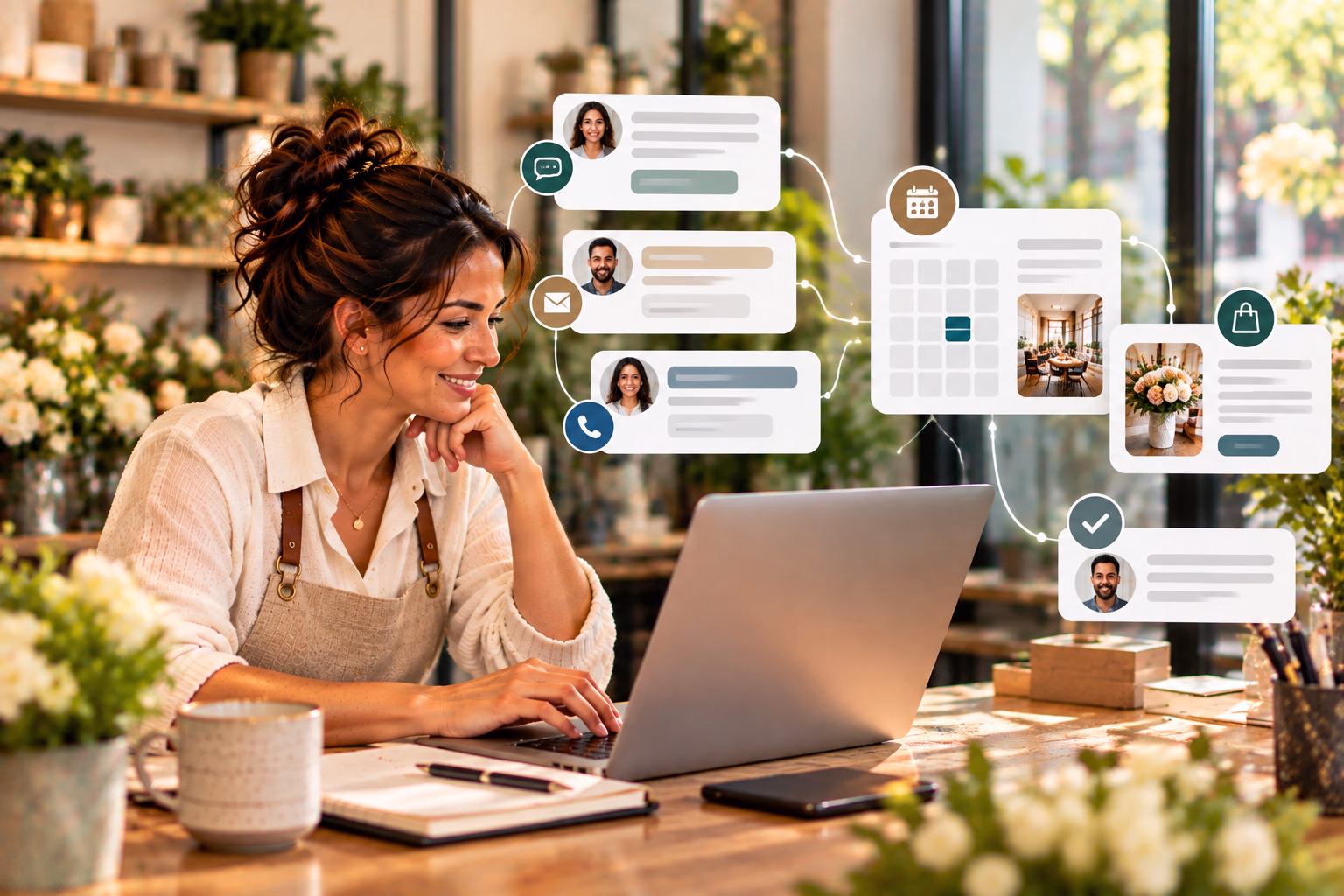 Canadian small business owner reviewing an AI website chatbot and lead automation with a digital consultant