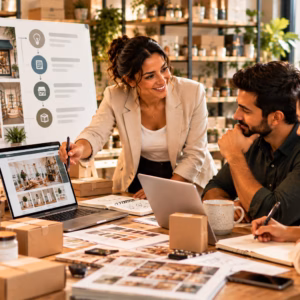 Canadian entrepreneur planning a new business launch with branding, an eight-page website and a business strategy team