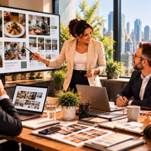 Canadian entrepreneur reviewing an investor-grade business plan, financial projections and pitch presentation with business advisors